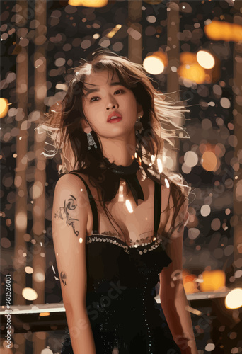 Female model in black dress with tattoo, posing in front of blurred lights