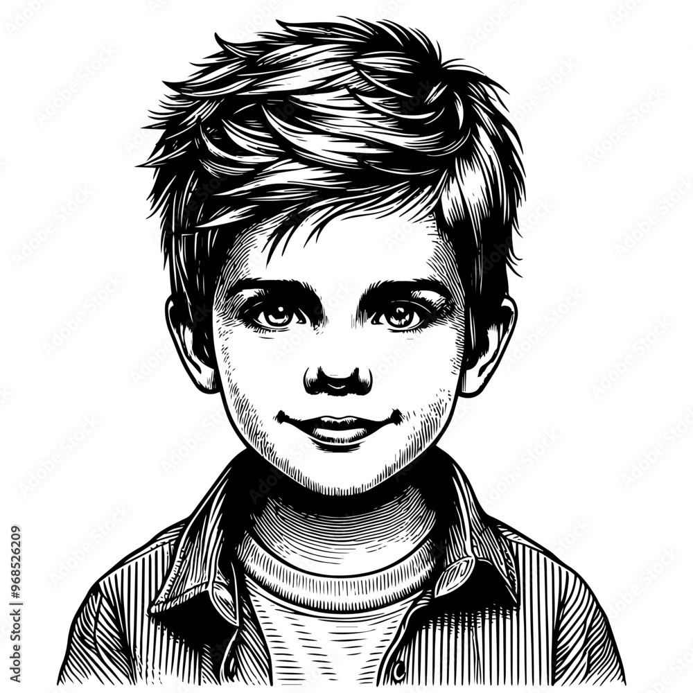 Detailed black and white sketch of a smiling young boy in a collared shirt. Vector, generative ai. Detailed black and white sketch of a smiling young boy in a collared shirt. Vector, generative ai.