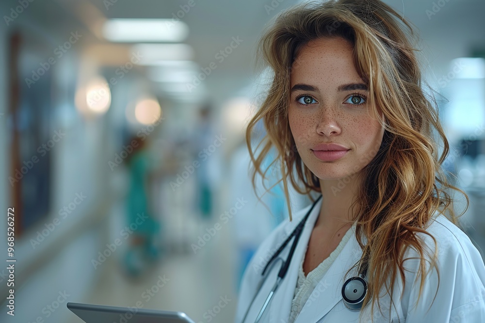 female doctor standing in a hospital hallway, wearing a white lab coat and holding a tablet. The setting suggests professionalism in a medical environment, female doctor standing in a hospital hallway, wearing a white lab coat and holding a tablet. The setting suggests professionalism in a medical environment,