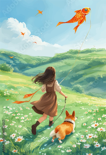 Flying Kite with Dog in a Field of Flowers