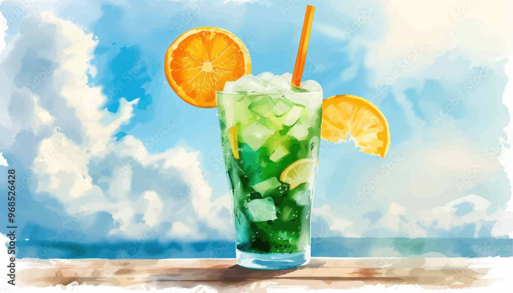Freshly Squeezed Orange Juice with Ice and Slices, Set Against a Blue Sky with Clouds Freshly Squeezed Orange Juice with Ice and Slices, Set Against a Blue Sky with Clouds