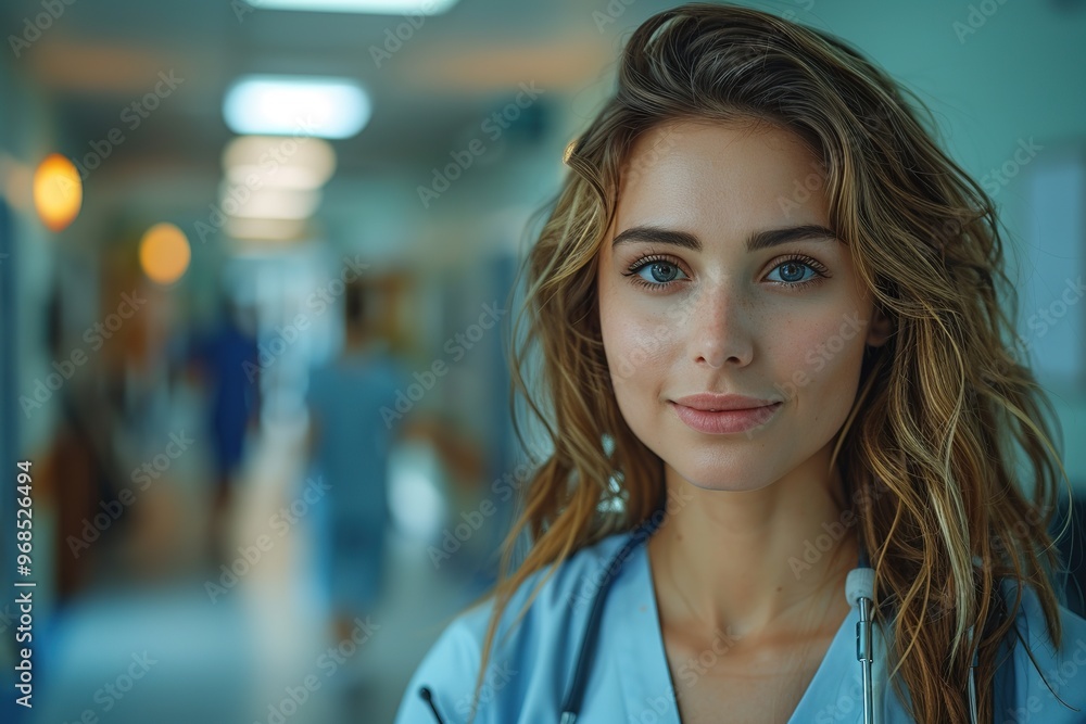 young female medical professional in light blue scrubs, standing confidently in a hospital setting. The woman has bright blue eyes and an approachable smile, conveying warmth and competence. young female medical professional in light blue scrubs, standing confidently in a hospital setting. The woman has bright blue eyes and an approachable smile, conveying warmth and competence.