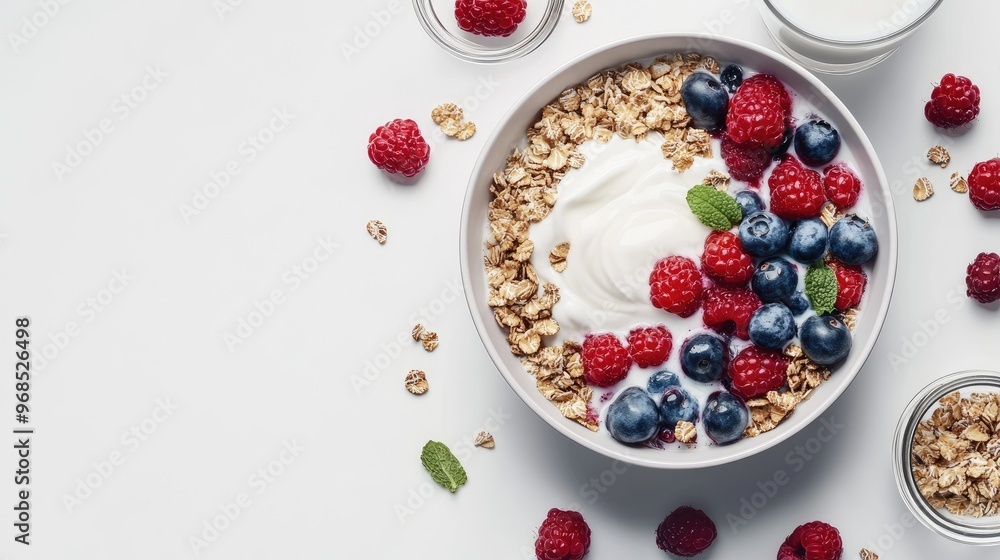 Delicious breakfast bowl topped with yogurt, granola, fresh berries, and cereal, served with a glass of milk, captured from above, generative AI Delicious breakfast bowl topped with yogurt, granola, fresh berries, and cereal, served with a glass of milk, captured from above, generative AI