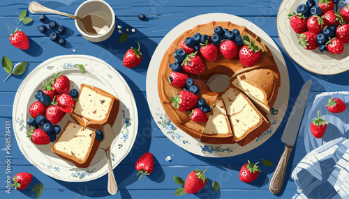 Fresh Strawberry Cake Slices with Blueberries, Served on Blue Plates, with Knife and Spoon, on a Blue Table photo