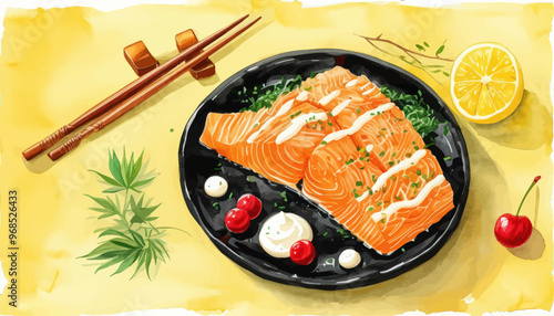 Freshly Grilled Salmon with Lemon and Dill, Served with Sour Cream and Cherry Tomatoes