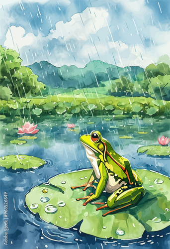 Frog Sitting on Lily Pad in Rainy Pond