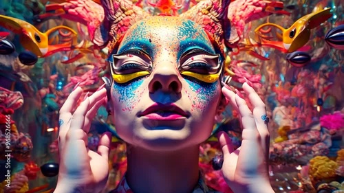 DMT entity from a higher dimension with vivid, otherworldly face paint and intricate cosmic designs