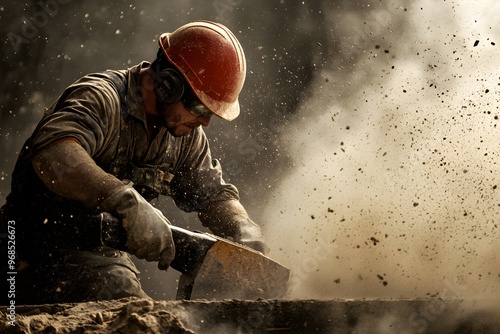 A man in a hard hat and safety glasses is cutting a piece of wood with a saw