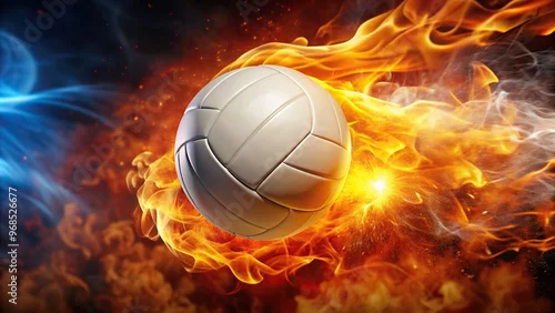 Obraz dramatic, dynamic, intensity, energy, sport, A volleyball ball is depicted flying at a high speed through a fiery backdrop creating a dramatic forced perspective effect