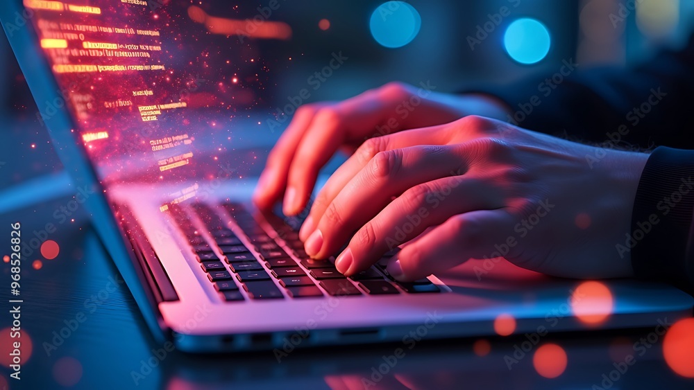 Closeup of hands typing on a keyboard with digital technology, software development concept. Coding programmer, software engineer working on laptop Closeup of hands typing on a keyboard with digital technology, software development concept. Coding programmer, software engineer working on laptop