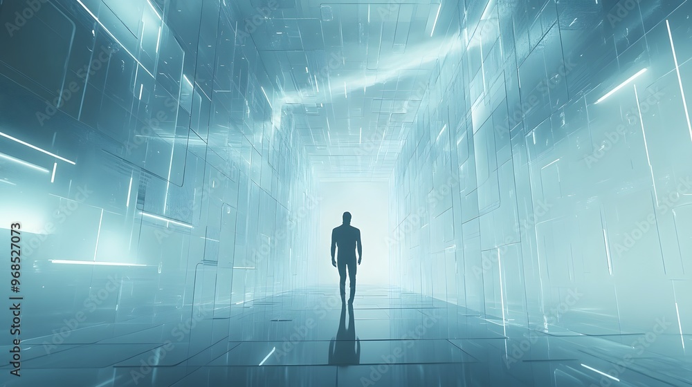 Obraz premium Silhouette of a Man Walking Towards a Bright Light in a Futuristic Corridor