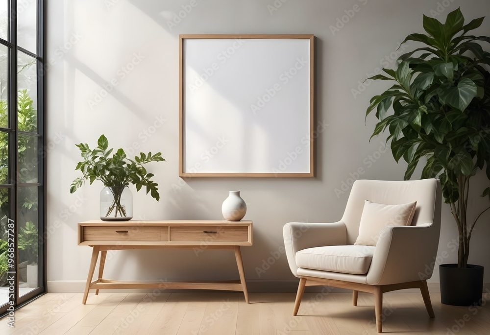 A modern living room with a large empty frame A modern living room with a large empty frame