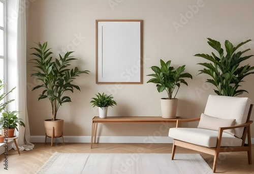 A modern living room with a large empty frame