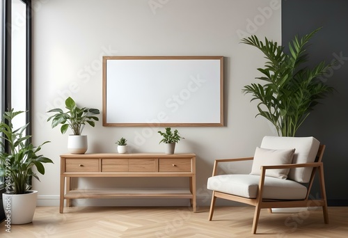 A modern living room with a large empty frame