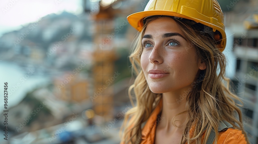 woman wearing a yellow hard hat and orange work attire, standing at a construction site. Her expression is confident and thoughtful, with construction cranes and buildings visible in the background. woman wearing a yellow hard hat and orange work attire, standing at a construction site. Her expression is confident and thoughtful, with construction cranes and buildings visible in the background.