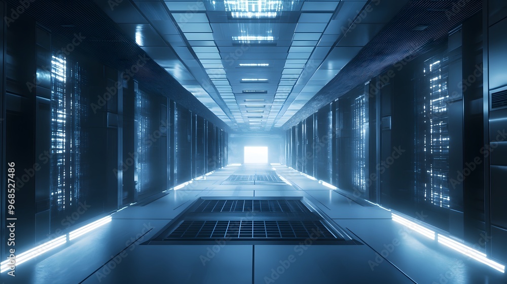 view Futuristic Server Room Corridor view Futuristic Server Room Corridor