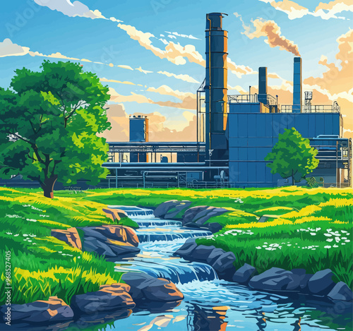 Industrial Scenery with Factory, Stream, and Trees