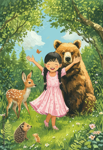 Joyful Encounter in the Forest: A Little Girl and Her Animal Friends