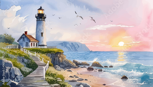Lighthouse at Sunset with Birds and Ocean View