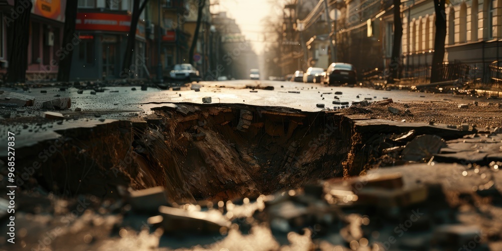 Collapsed ground on street caused by a sinkhole Collapsed ground on street caused by a sinkhole