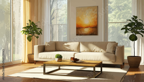 Modern Living Room with Large Windows and Artwork