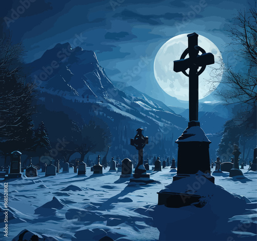 Moonlit Graveyard: Crosses Silhouetted Against Full Moon photo