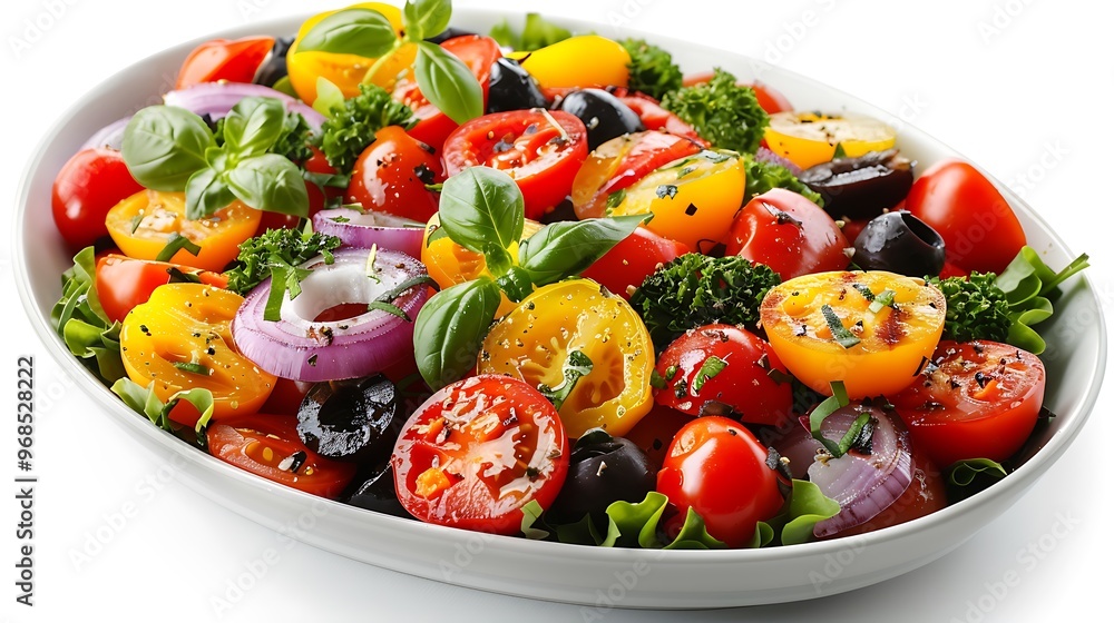 A fresh Mediterranean salad featuring vibrant vegetables, no shadows The salad is the sole focus with no text, logo, signature, human body, people, or plants, A fresh Mediterranean salad featuring vibrant vegetables, no shadows The salad is the sole focus with no text, logo, signature, human body, people, or plants,