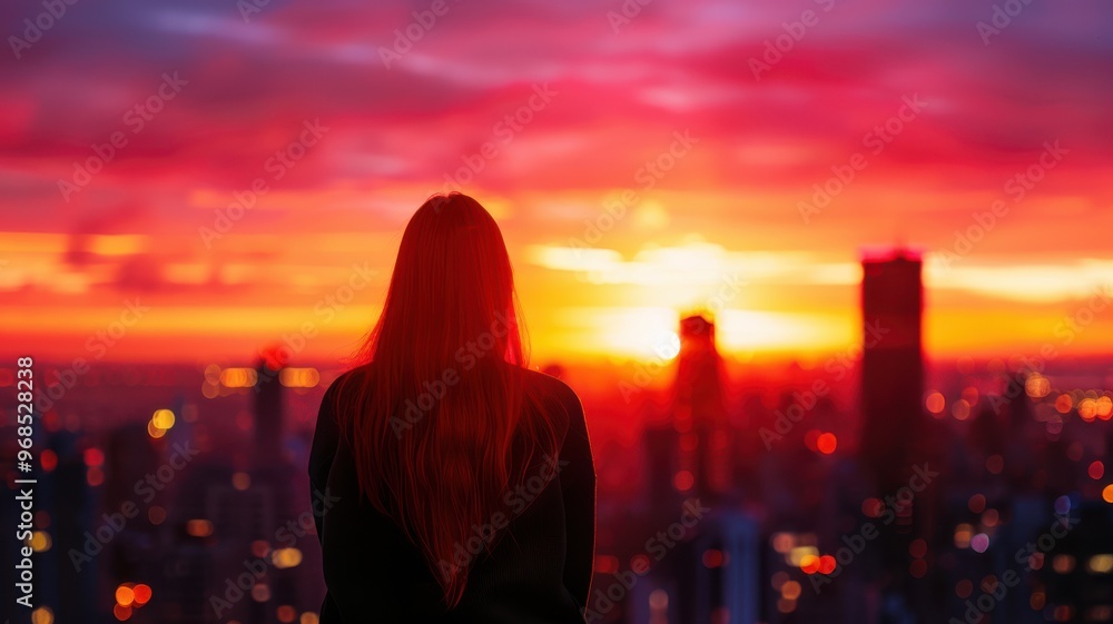 A woman gazes at a stunning sunset over a city skyline, ideal for themes of reflection, tranquility, and urban beauty. A woman gazes at a stunning sunset over a city skyline, ideal for themes of reflection, tranquility, and urban beauty.