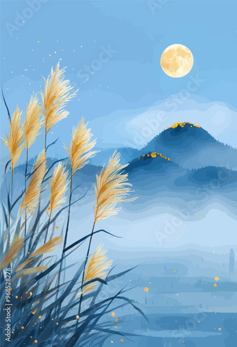 Moonlit Mountainscape with Tall Grass and Wildflowers