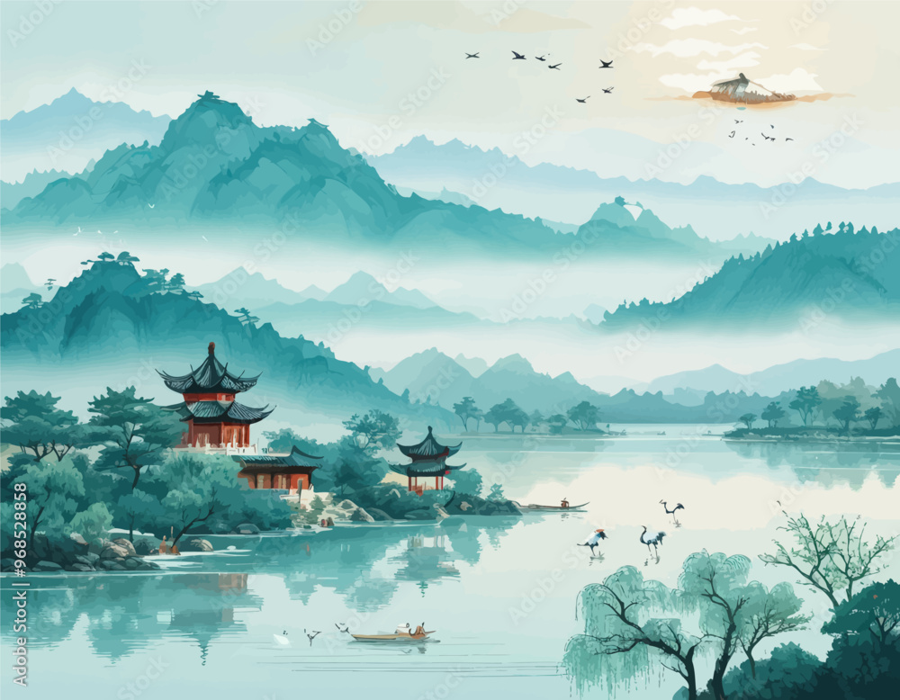 Fototapeta Peaceful Asian River Scenery with Traditional Architecture and Wildlife