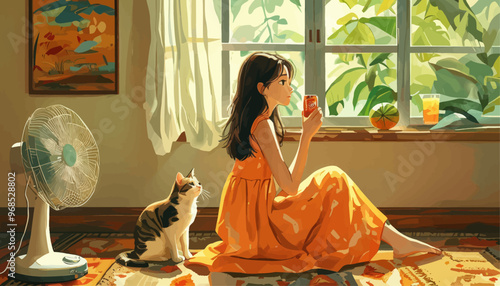 Peaceful Afternoon: Woman in Yellow Dress and Cat Watching Outside