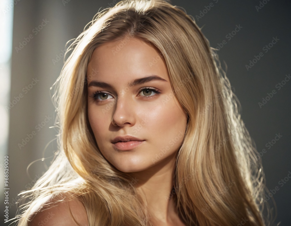 Obraz premium Portrait of young woman with long blonde hair in sunlight