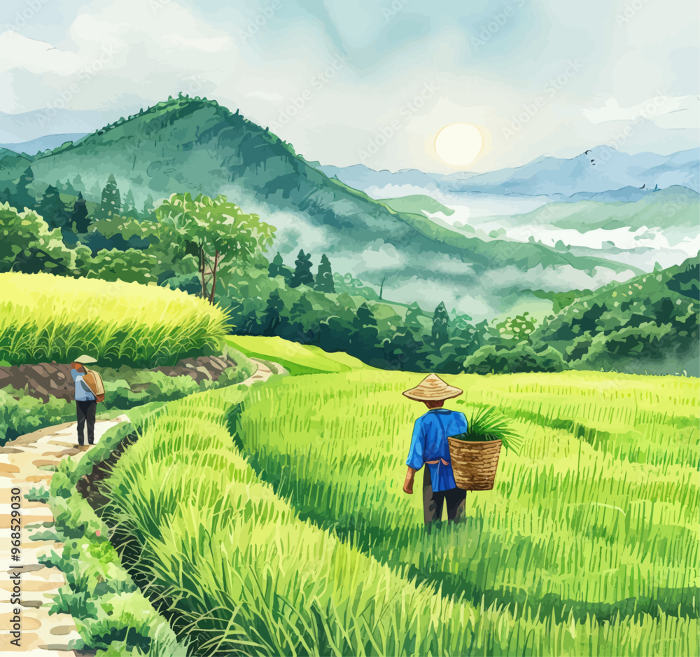 Fototapeta premium Peaceful Countryside Scene with Man Carrying Basket of Grass