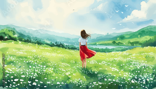 Peaceful Countryside Scenery with Woman in Red Skirt