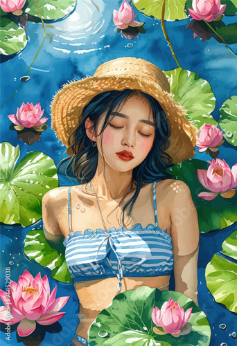 Peaceful Dreamscape: A Woman in a Straw Hat Floating Among Pink Lotuses and Lilypads