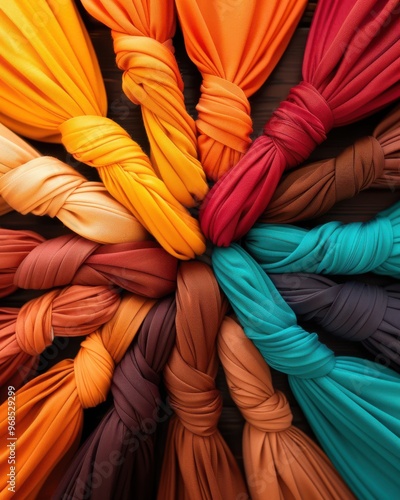 An array of vibrant, knotted fabric in warm and cool tones, perfect for fashion, design, and textile inspiration.