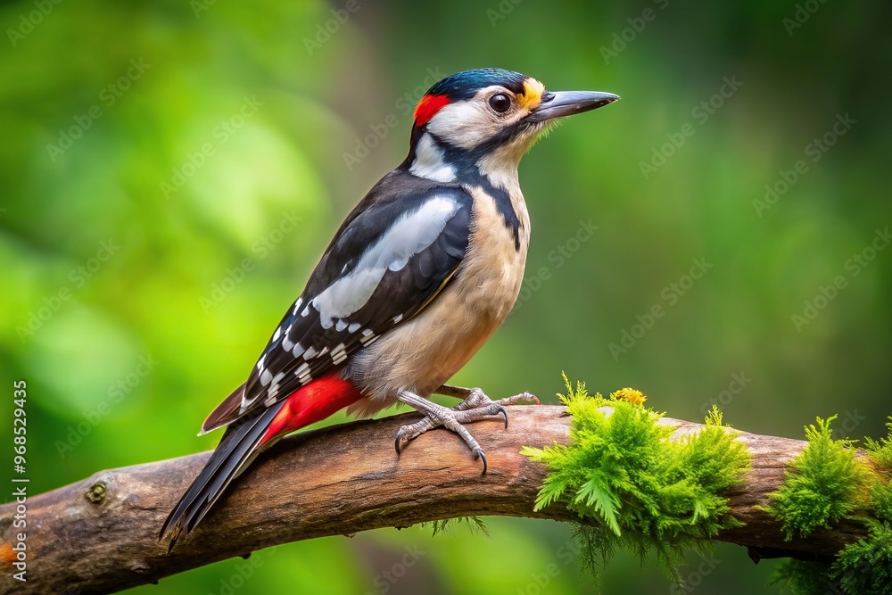 Fototapeta premium feathered, forest, plumage, spotted, nature, tree branch, colorful, bird, macro, wild, avian, A close up shot of a great spotted woodpecker perched on a tree branch in a lush forest