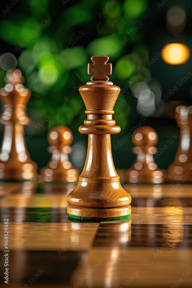 An elegant wooden chess king piece stands tall on a chessboard, symbolizing strategy, power, and competition in a classic game. An elegant wooden chess king piece stands tall on a chessboard, symbolizing strategy, power, and competition in a classic game.