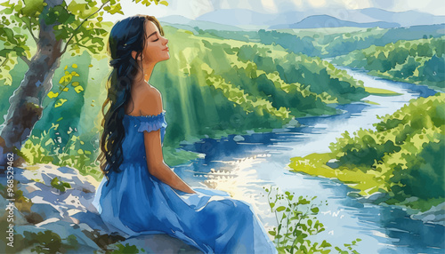 Peaceful Riverbank Scenery with Woman in Blue Dress