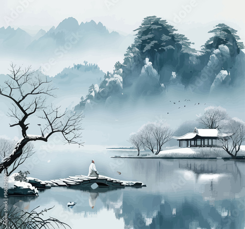 Peaceful Winter Scene with Snow-Capped Mountains, Lake, and Traditional Japanese House