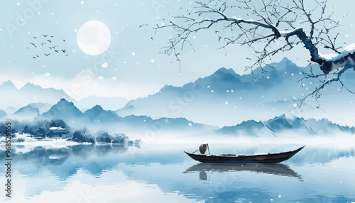 Peaceful Winter Scene with Boat on Calm Lake