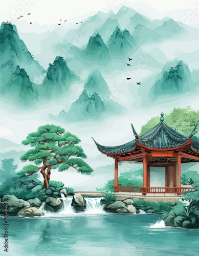 Peaceful Zen Garden with Waterfall and Pavilion