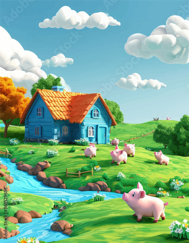 Pig Farm Scene with Pink Pigs and Blue House