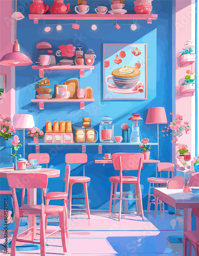 Pink and Blue Kitchen and Dining Room with Potted Plants and Flowers