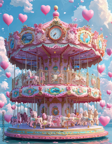 Pink Carousel with Pink Horses and Pink Hearts, Fantasy Amusement Park