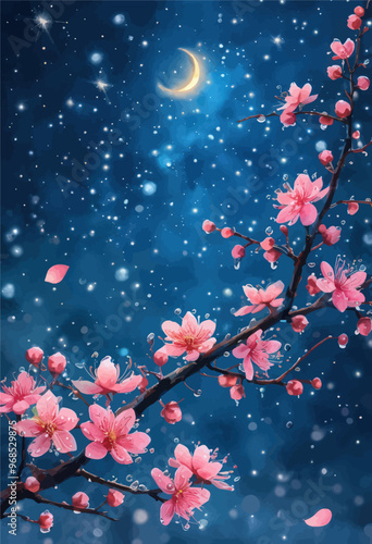 Pink Cherry Blossoms Against a Starry Night Sky