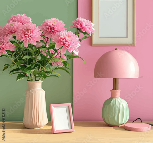 Pink floral arrangement with pink lamp and pink picture frame on a pink table