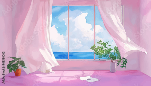 Pink room with blue sky and white clouds, potted plants, and papers on floor