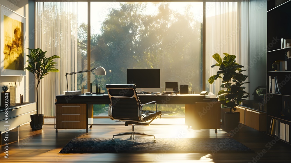 Modern Office with Sunlight Streaming Through Large Windows Modern Office with Sunlight Streaming Through Large Windows