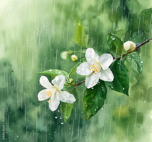 Raindrops on a branch with white flowers and green leaves